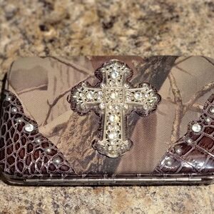 Brown Camo Cross Embellished Wallet